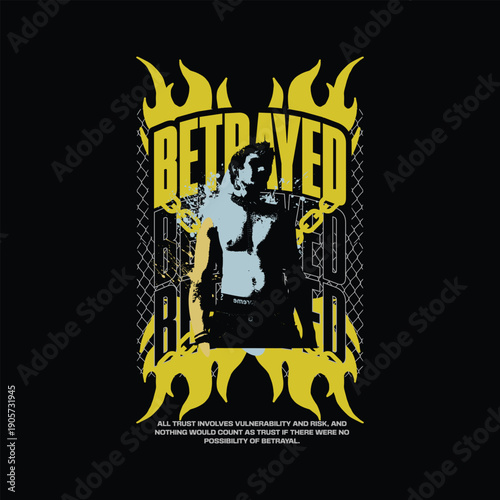 Man Betrayed with Flames and Chains, Grunge Graphic Design, Stock Media