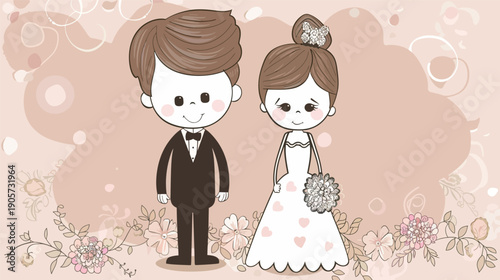 Deep outline cute cartoon bride and groom, wedding couple character vector illustration in bold style