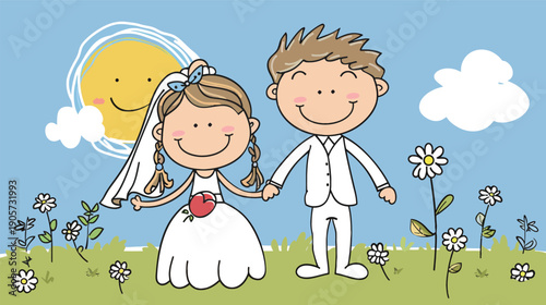 Deep outline cute cartoon bride and groom, wedding couple character vector illustration in bold style