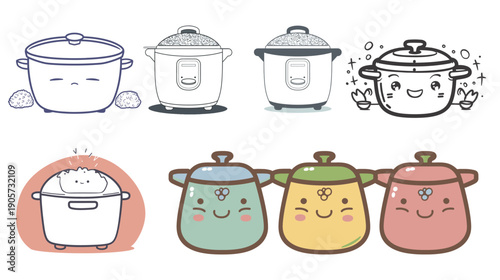 Deep outline cute rice cooker vector illustration with clean shapes, bold cartoon kitchen appliance icon