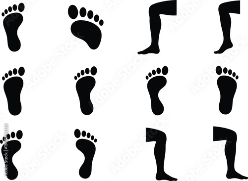 WebBlack silhouette footprints and human legs icon set showing foot anatomy variations for medical design minimalist vector illustration and infographic usage projects templates