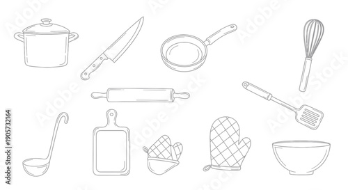 Hand Drawn Kitchenware Sketch, Cooking Tools Outline Vector Illustration