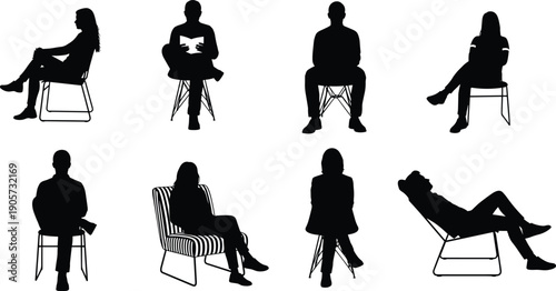 WebsilhouBlack silhouette people sitting on chairs collection showing various relaxed poses for interior design presentation waiting room concepts and vector illustration usageette, people