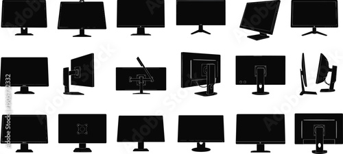 WebComputer monitor silhouette collection featuring various flat screen displays and television screens in different angles for technology office hardware and digital media vector illustration.