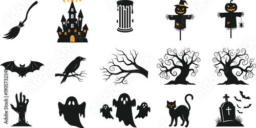 WebCollection of Halloween silhouettes including haunted castle, spooky ghosts, black cat, scary trees, and zombie hands isolated on white background for seasonal holiday party designs.