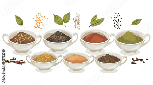 Different seasonings in cups, spice background on the table, top view culinary ingredients photography