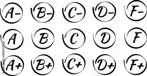 手書き風アルファベット評価アイコンセット、A＋からF−まで対応、成績判定・評価ランク・レビュー表現に使える丸囲み英字素材、教育・ビジネス・Webデザイン向け白背景イラスト