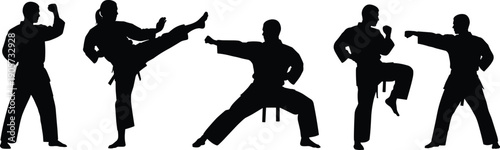 WebMartial Arts Silhouette Collection Featuring Karate Fighters Performing Powerful Kicks Punches And Defensive Stance Poses For Combat Sports Training Fitness Wellness And Dojo Vector Illustration