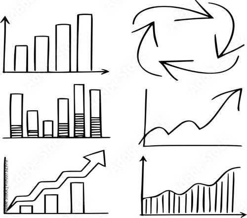 手描き風ラインで表現した成長と分析のビジネスグラフイラストセット｜上昇チャート・棒グラフ・折れ線グラフ・循環矢印を含むデータ可視化素材