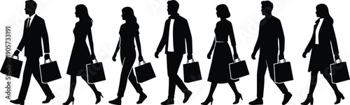 WebSide View Silhouette of Diverse People Walking in a Row Carrying Shopping Bags for Retail Fashion Sales Consumerism and Commercial Mall Advertising Background