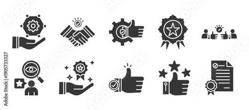 Credibility icon glyph icon set collection. Icon pack contain  Integrity, trust, reliable, authentic, commitment, regard, reputation, approved, rating, certificate, 