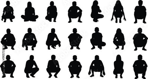 WebLarge collection of black vector silhouettes featuring diverse people sitting cross legged and crouching in various poses for social community group identity and people icons.