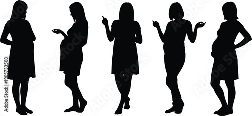 WebProfessional silhouette set featuring pregnant woman in various poses including standing walking pointing and holding belly for maternity healthcare motherhood pregnancy