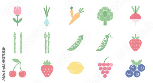 Colorful Fruits and Vegetables Illustration Set.