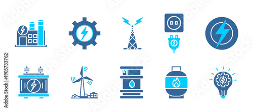 Energy and Power  icon collection set. Containing Power plant, Electricity, Battery Generator, Electric tower, Plug, Lightning bolt, Turbine, Oil barrel, Gas energy . dual tone vector.