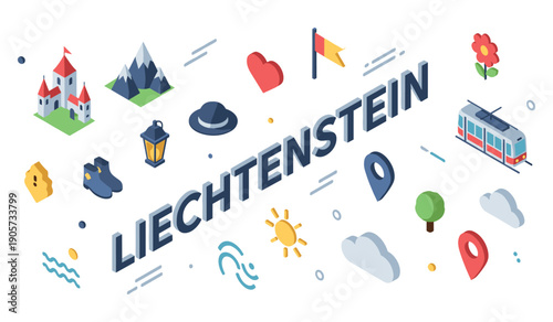 Liechtenstein icons: landmarks, nature, and culture in isometric style