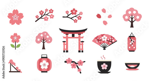 Japanese Icons with Cherry Blossoms and Symbols.
