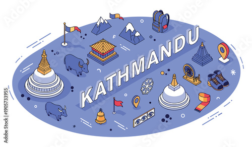 Kathmandu city icons: stupas, mountains, yak, and cultural symbols