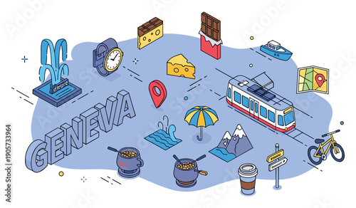 Iconic symbols of geneva: tram, fountain, cheese, chocolate, and landmarks illustrated