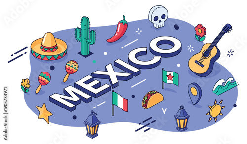 Colorful mexican symbols: sombrero, cactus, maracas, and more