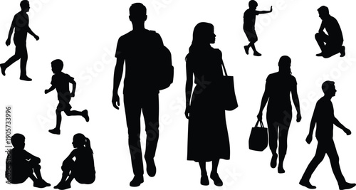 WebVector illustration of diverse people silhouettes in black artistic design, showcasing adults and children in various postures and activities, concept for lifestyle, 