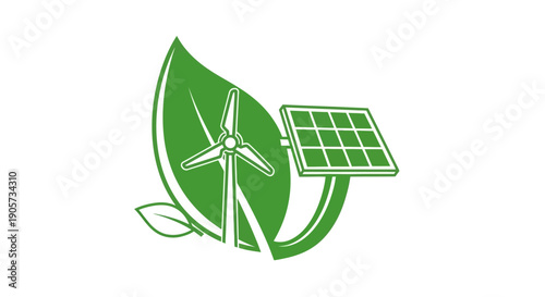 Green logo of a leaf with a wind turbine and solar panel on a white background, symbolizing renewable energy and sustainability.
