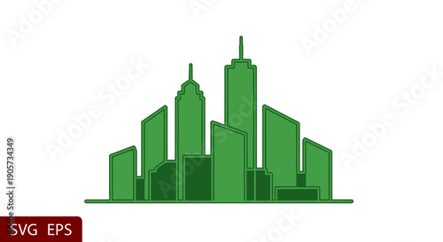 Green city skyline silhouette with tall skyscrapers on a white background with a red SVG EPS label.