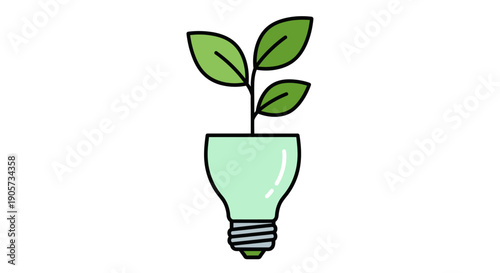 Illustration of a green lightbulb with a plant growing out of it on a white background in a simple graphic style.