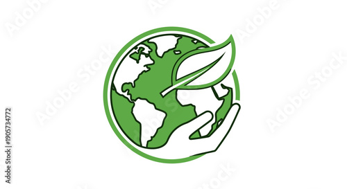 Illustration of a hand cradling the Earth with a green leaf on a white background, symbolizing environmental care and sustainability.
