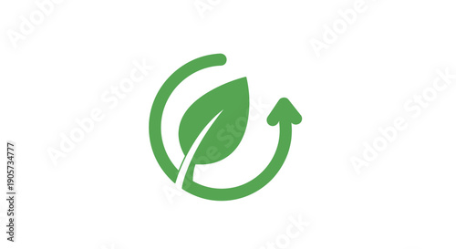 Green recycling symbol with a leaf on a white background, featuring a circular arrow and eco-friendly design elements.
