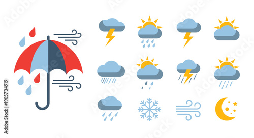 Weather Icons Umbrella Rain Clouds Sun Symbols.