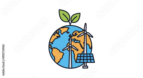 Flat illustration of the Earth with solar panel, wind turbine and green leaves on white background, symbolizing renewable energy and eco-friendly technology.