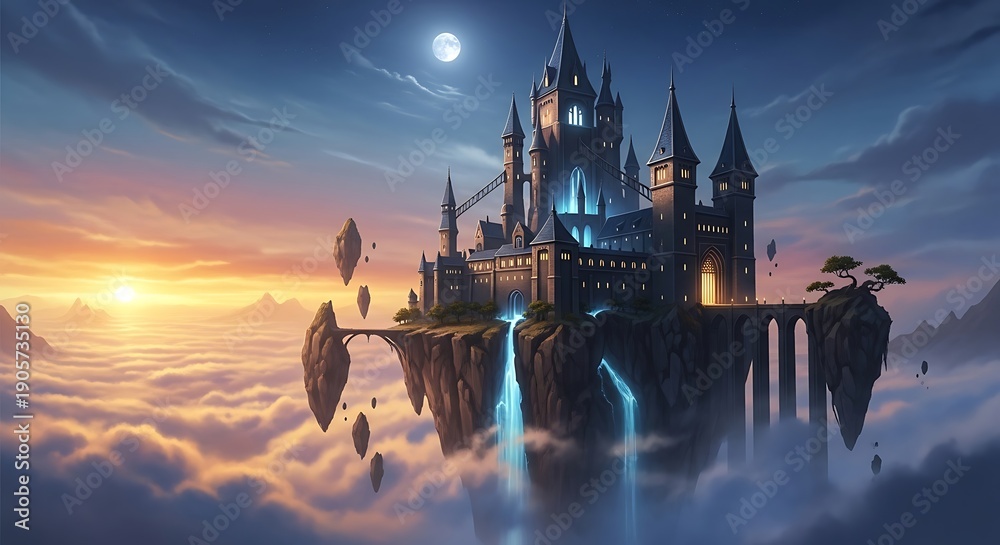 Naklejka premium Fantasy Castle Floating in Clouds at Sunset.