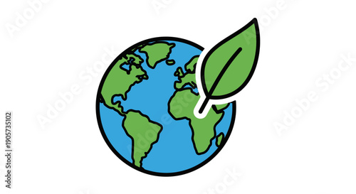A cartoon illustration of the Earth with a green leaf emerging from it, set against a plain white background with a simple and eco-friendly theme.