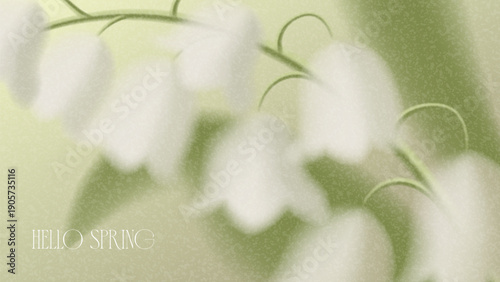 Soft spring gradient background. Beautiful vector banner with gradients and blurred spring lily of the valley. Grainy card with spring blossoms.