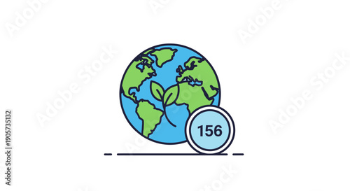 A minimalist line drawing of Earth with a green leaf on its surface and a blue circle displaying the number 156, on a white background with a horizontal line.