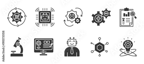 Stem icon  glyph icon set collection. Icon pack contain Science, Technology, Engineering, Mathematics, Laboratory, Microscope, Coding, Robot, Formula, Innovation. dual tone vector.