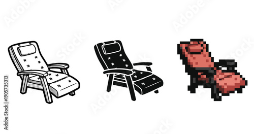 Diverse recliner chair designs in sketch, silhouette, and pixel styles
