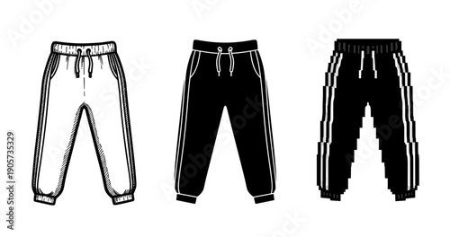 Set of three varied joggers illustrations: outline, solid, pixel art styles