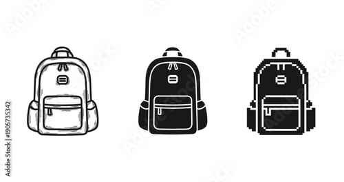 Collection of backpacks: hand-drawn, silhouette, and pixel art styles