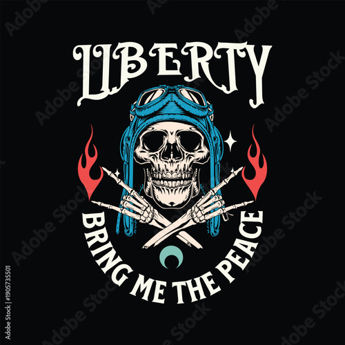Skull Biker with Goggles and Flames, Rock On Hand Gesture, Liberty Bring Me Peace Text, Stock Illustration
