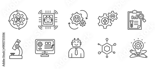 Stem icon set collection in outline style. Icon pack contain Science, Technology, Engineering, Mathematics, Laboratory, Microscope, Coding, Robot, Formula, Innovation