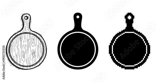 Three diverse cutting board designs: wood texture, solid black, pixelated style