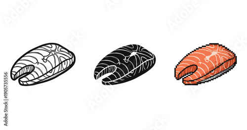 Stylized salmon steak trio: outline, silhouette, pixel art