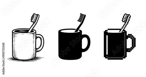 Vintage, silhouette, and pixel art styles of mugs with toothbrushes
