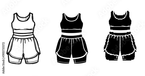 Monochrome sportswear evolution: sketch, solid, pixelated designs