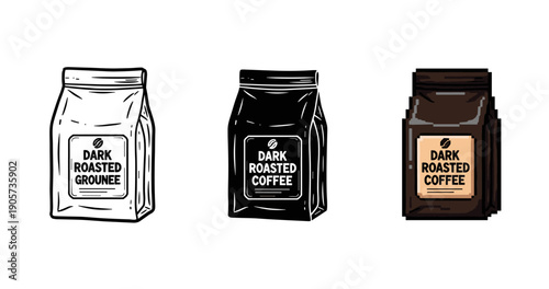 Dark roasted coffee bags in three styles: outline, silhouette, and color