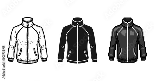 Three jacket styles: outline, solid, pixel art designs on white background