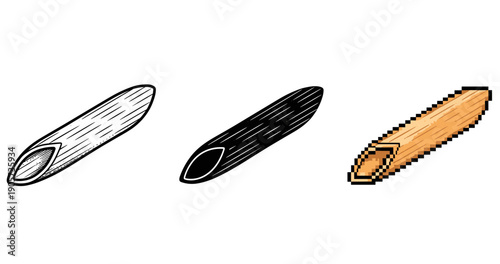 Three penne pasta illustrations in sketch, silhouette, and pixel art styles