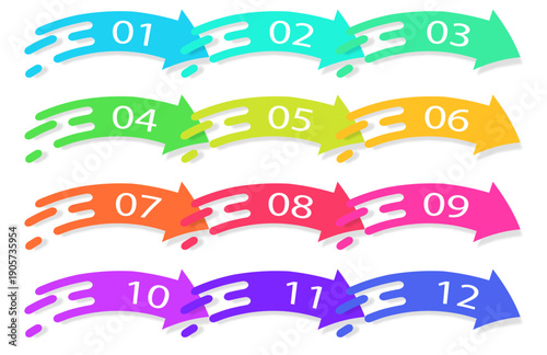 01〜12の番号入りで手順説明に使えるカラフル矢印リボンセット｜スピード線付きの流れ・ステップ表示デザイン素材（インフォグラフィック・プレゼン・図解）